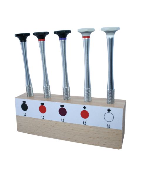 Chrome Plated 5 pc Screwdriver Set on Wooden Stand